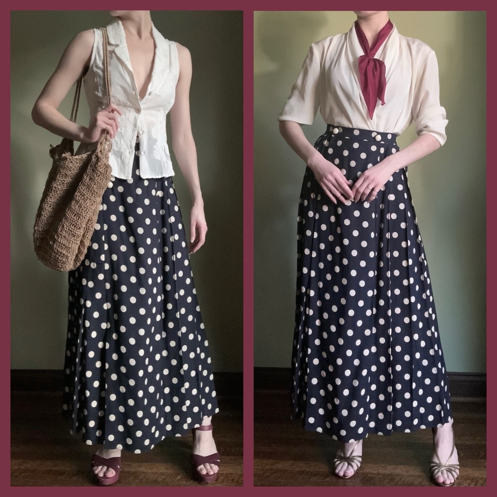 Pleated Polka Dot Skirt, Vintage High Waisted Maxi Pencil Skirt